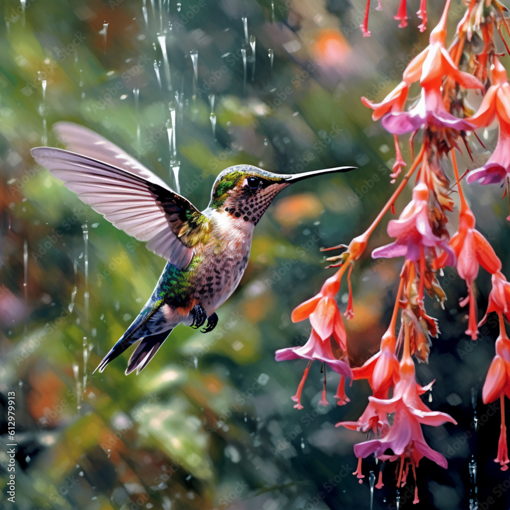 Obraz premium hovering hummingbird feeding on a flower on a rainy day