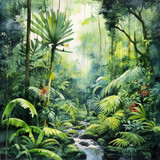 watercolor tropical forest with vivid green plants and stream