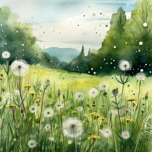 watercolor sunny green grass meadow with flowers and dandelion clocks, some trees, blue sky and clouds in the background