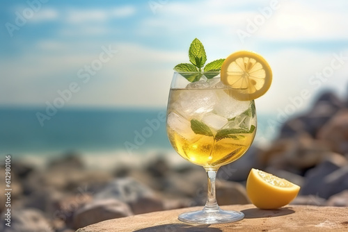 A glass of lemonade sitting on top of a rock. Generative AI. Hugo spritz coctail or mocktail.