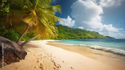 Azure beachscape  enchanting tropical beach  crystal clear waters  and sunlit horizons