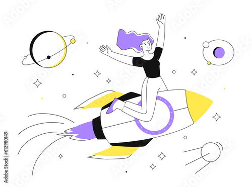 Woman flying on rocket line concept