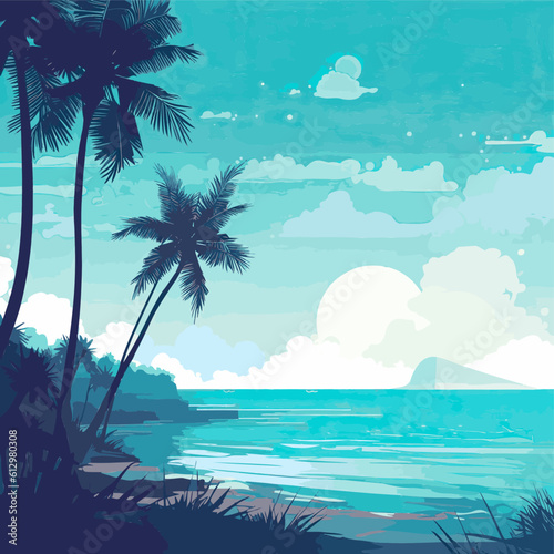 Vector illustration with a simple beautiful seascape with palms  beach and ocean in the background