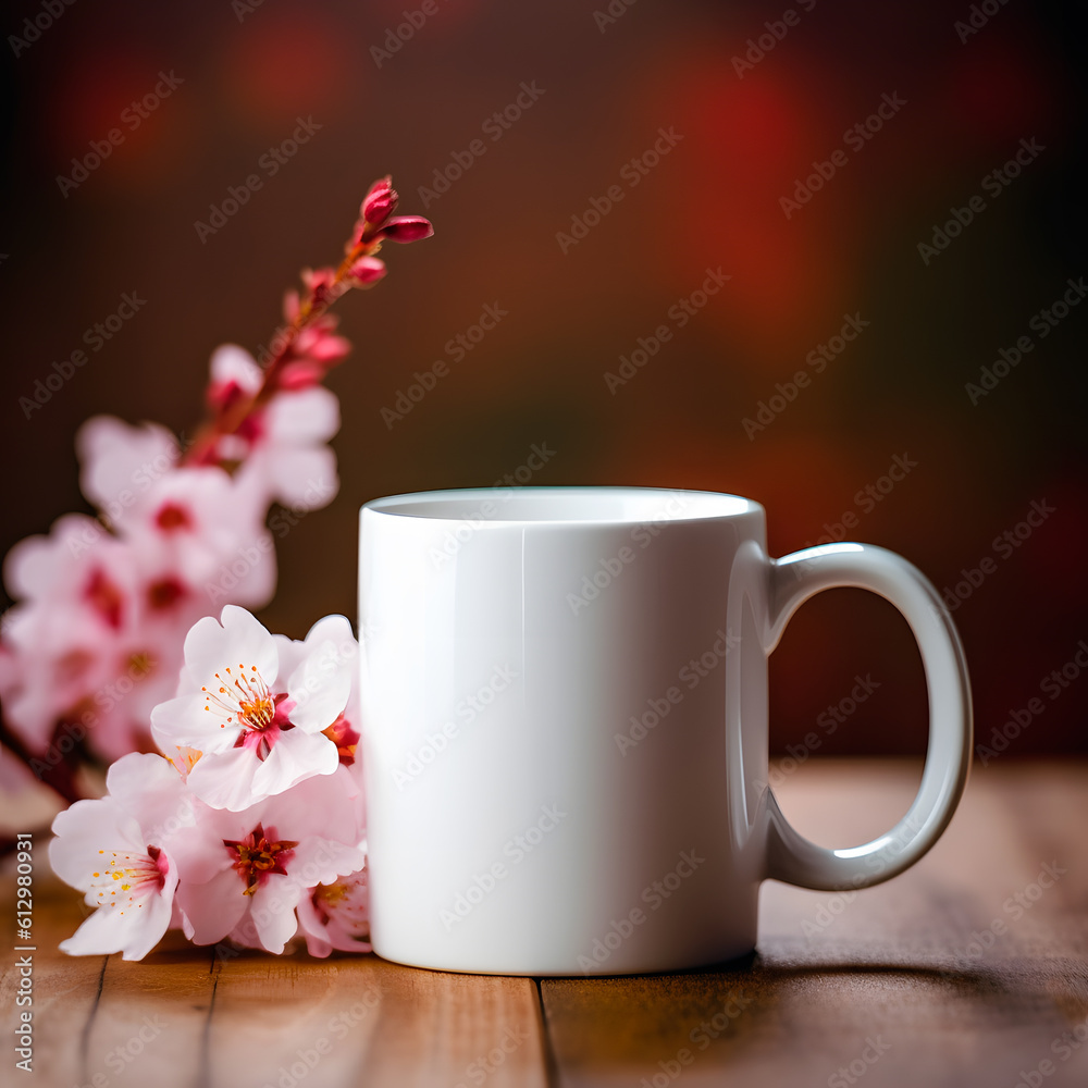 cup of tea with Japanese cherry blossoms at background wodden table