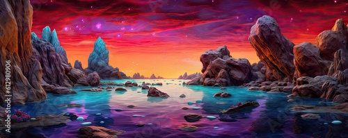 Rocks in the sky illuminated by dazzling colored lights, a celestial spectacle.