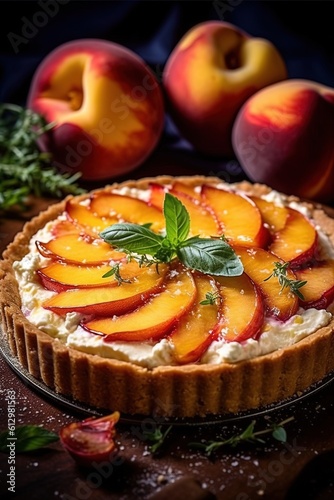 View of a Pie made of Peaches, Vivid Colors, Studio Photography, Commercial Shot. Generative AI.