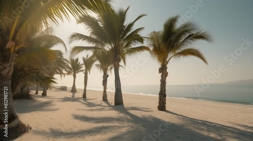 Palmy Trees and a Sandy Beach Bathed in Golden Sunlight © Ranya Art Studio