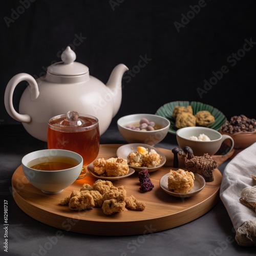 Nutty and slightly sweet Yulmu Cha tea in a teapot with savory snacks on table