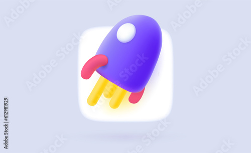 Rocket 3d icon. Spaceship launch 3d sign. SEO optimization research planing startup strategy. Minimal aesthetics simple gradient vector graphic