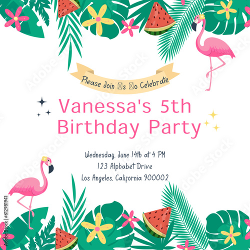 Birthday party invitation card with flamingo and tropical leaves and flowers.