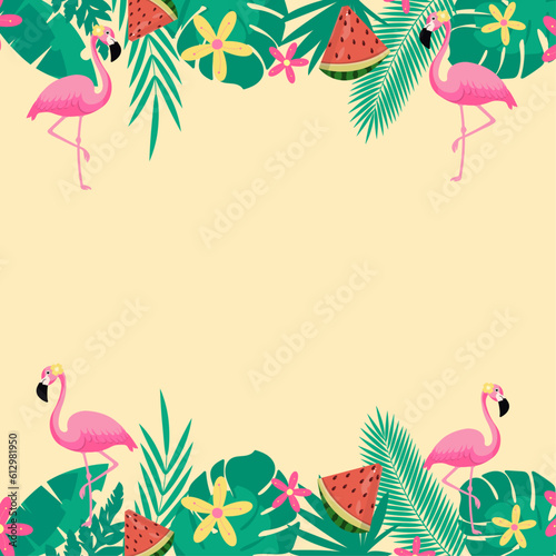 Summer background with flamingos, tropical leaves and flowers.