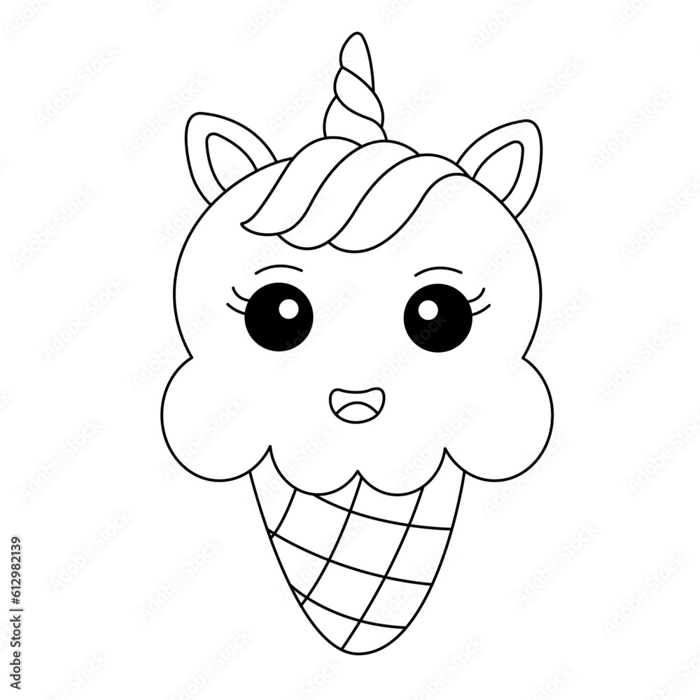 Cute Unicorn Ice Cream Coloring Page. Little Unicorn In A Waffle Cone ...