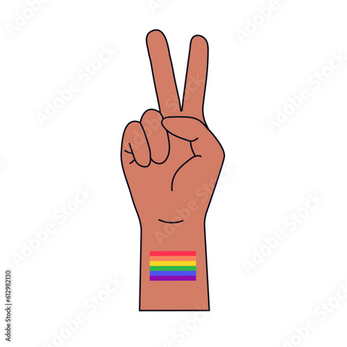 Pride LGBT symbols. Hand with two fingers and rainbow on the wrist. Supporting love freedom. Flat vector illustration.