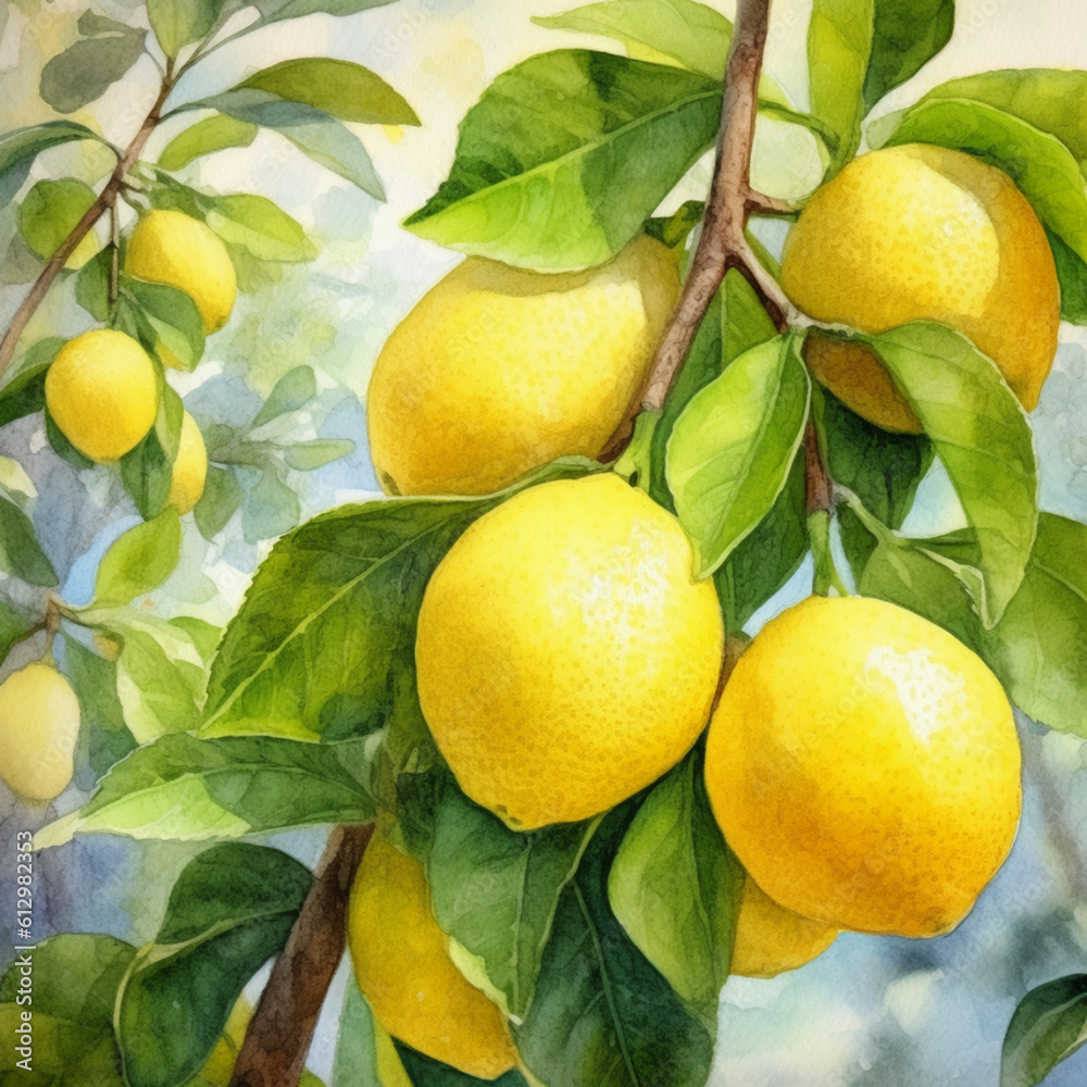 ripe watercolor lemons on tree branch with leaves, close-up