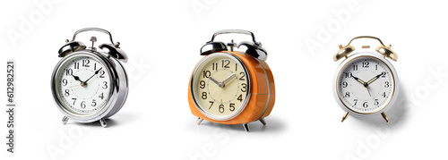 collection Set of retro vintage and modern stylish bedside alarm clocks and wall clocks isolated on transparent background - Generative AI