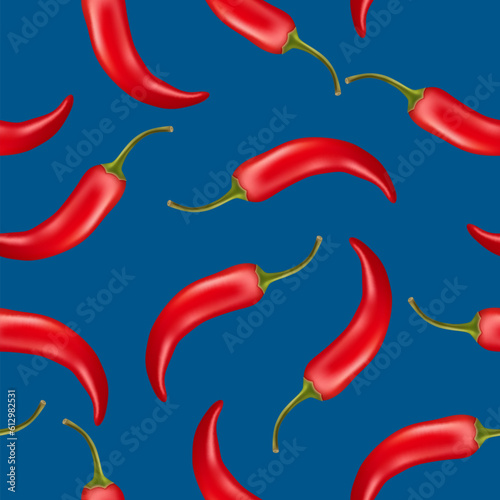 Vector Seamless Pattern with 3d Realistic Red Hot Chilli Pepper on Blue Background. Fresh Chilli Hot Pepper Design Template for Culinary Concept. Vector Illustration