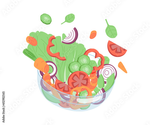 Salad falling into bowl cartoon hand drawn vector illustration. Flying salad with red tomatoes, pepper, cucumber spinach