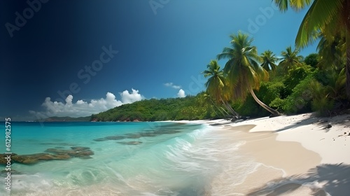 Tropical delight, captivating sandy beach, palm trees, and blissful coastal haven © Ranya Art Studio