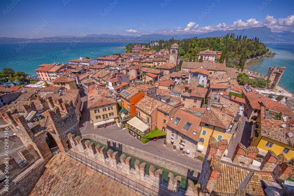 A top view over the town of Sirmione and lake  Garda 
