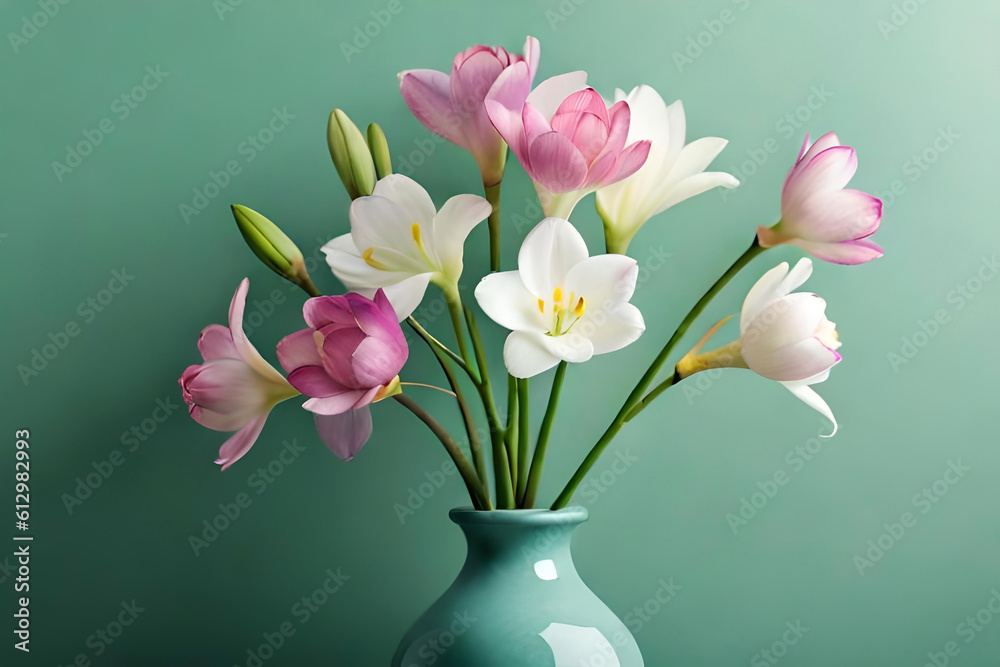 Freesia arrangement in a vase on a light green background