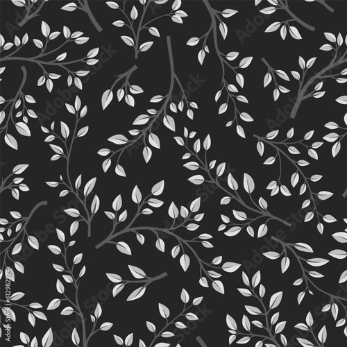 Vector Black and White Seamless Pattern with Tree Brunches. Flat Cartoon Twig with Floral Leaves. Spring  Summer Design - Leaves  Brunches  Plants  Herbs. Vector Illustration