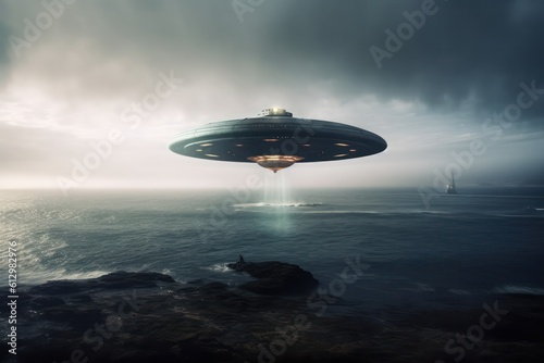 UFO  an alien spaceship with a blue beam of light  hovered over the surface of the water. realistic illustration. Generative AI