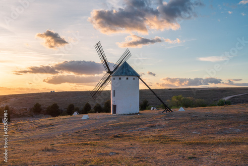 Sunset landscapes of Don Quixote windmills in Campo de Criptana, Toledo, Spain