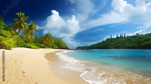 Tranquil paradise, secluded sandy beach, gentle breezes, and serene atmosphere