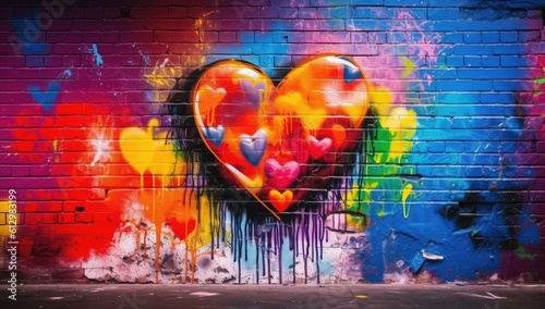Colorful heart-shaped graffiti adorns the wall, a burst of love and artistry
