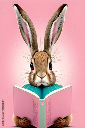 A cute hare with big round eyes reads a book, late reading at night. Favorite fairy tales, generative ai  © Alena Vilgelm