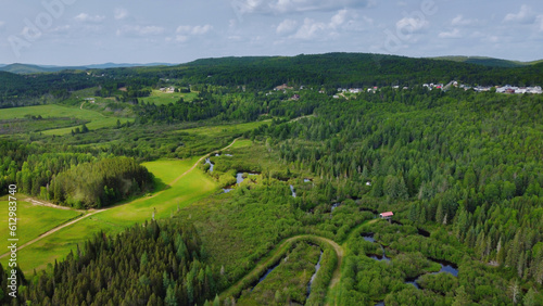 Aerial view of a pretty Canadian valley in Quebec in the Lanaudi  re region