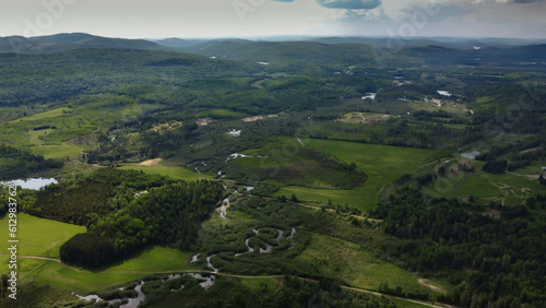 Aerial view of a pretty Canadian valley in Quebec in the Lanaudière region