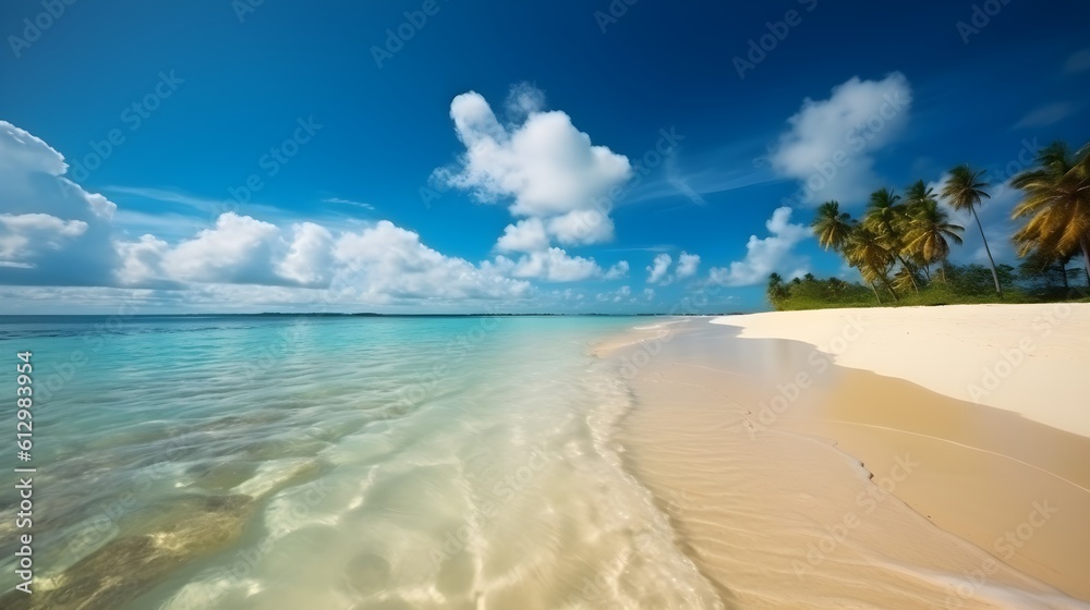 Coastal euphoria, stunning tropical beach, pristine sands, and joyful seaside vibe