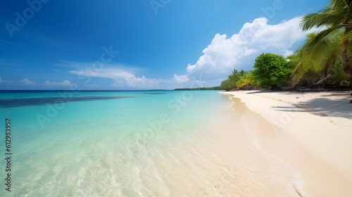 Seashore serenity  tranquil tropical beach  towering palm trees  and serene coastal beauty