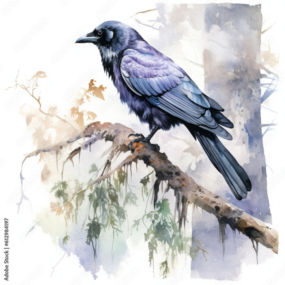 Fototapeta premium watercolor portrait of a raven on a branch in the forest, closeup