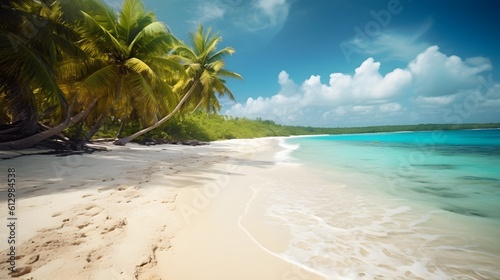 Tropical getaway  enchanting sandy beach  towering trees  and blissful ocean retreat