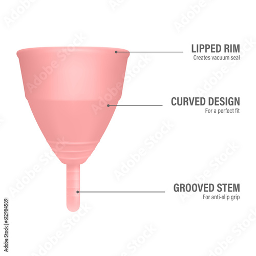 Vector Infographics - Reusable Menstrual Cup Description, Guide. Pink Menstrual, Hygiene Silicone Mooncup Closeup Isolated. Feminine Hygiene, Health Concept. Menstrual Cup Design Template, Banner