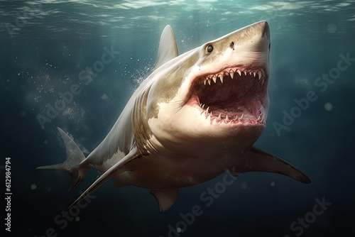 Model of a dangerous predatory white shark with open mouth underwater AI Generative AI