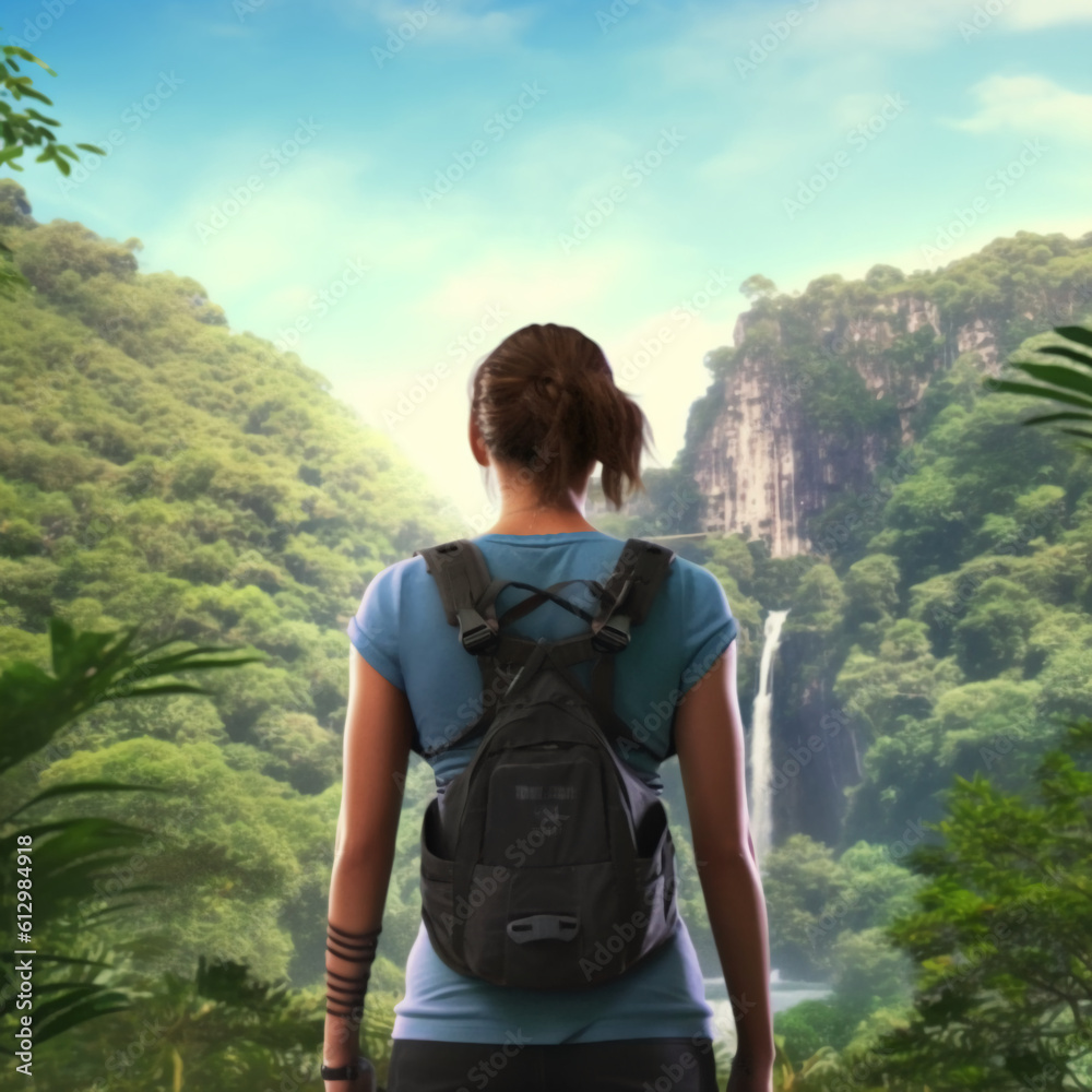 Naklejka premium The back of a woman in summer clothes looking at jungle forests and waterfalls. AI generative