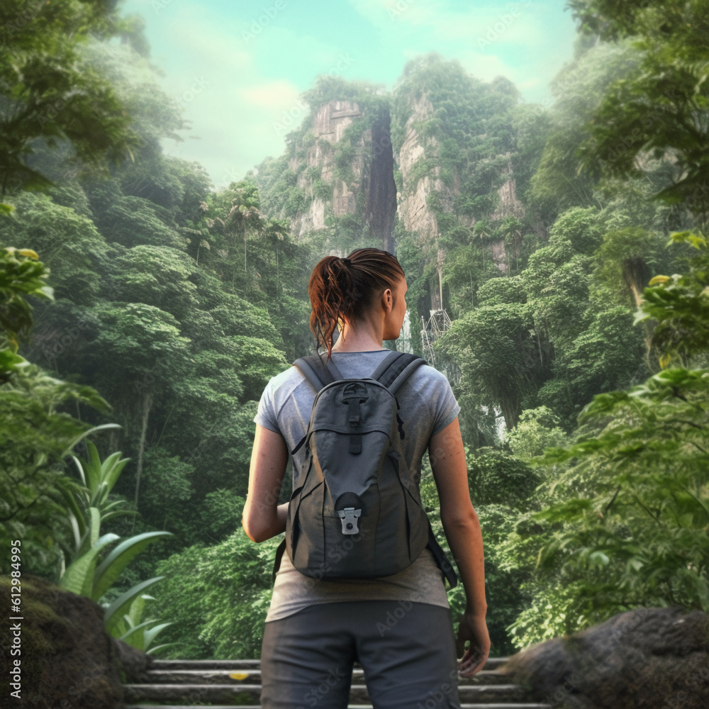 Naklejka premium The back of a woman in summer clothes looking at jungle forests and waterfalls. AI generative
