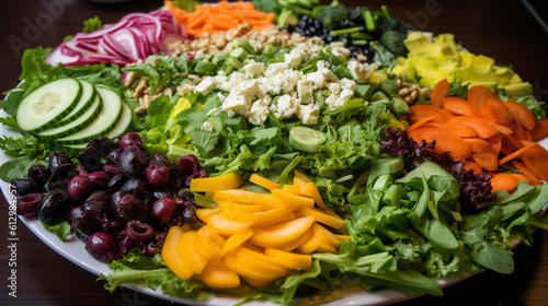 A platter of colorful and fresh salads, featuring a mix of greens, vegetables, and flavorful dressings