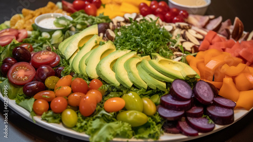 A platter of colorful and fresh salads  featuring a mix of greens  vegetables  and flavorful dressings