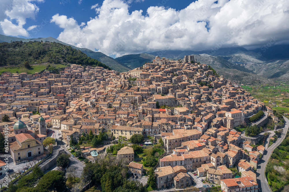 Aerial view of Morano Calabro town, a traditional beautiful medieval hilltop village of Italy, Calabria region