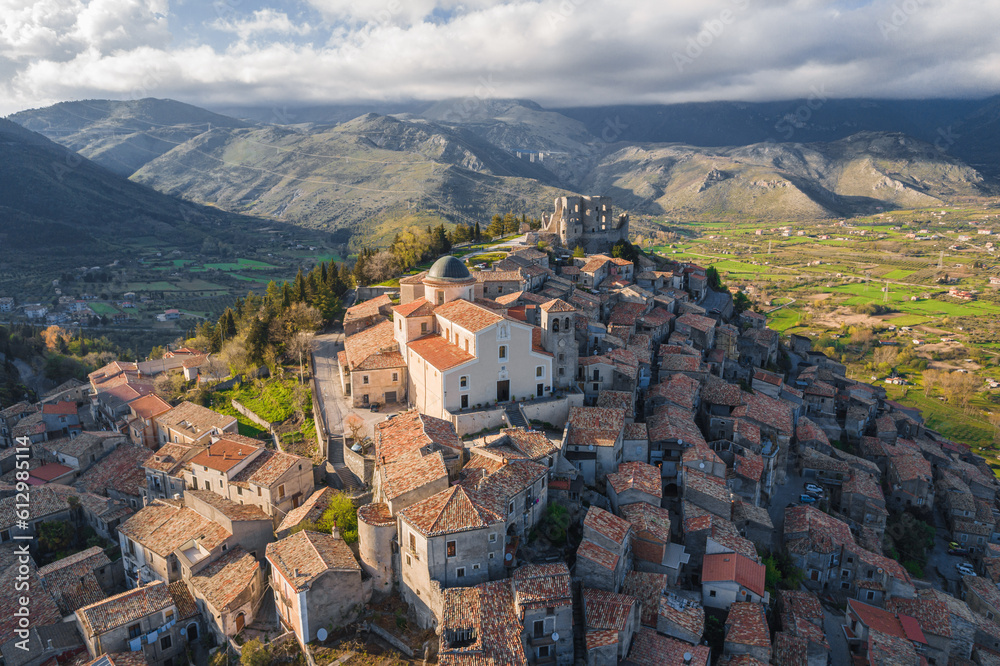 Aerial view of Morano Calabro town, a traditional beautiful medieval hilltop village of Italy, Calabria region