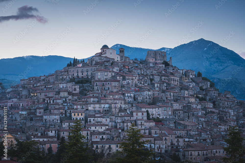 Landscape of Morano Calabro town at dusk, a traditional beautiful medieval hilltop village of Italy, Calabria region