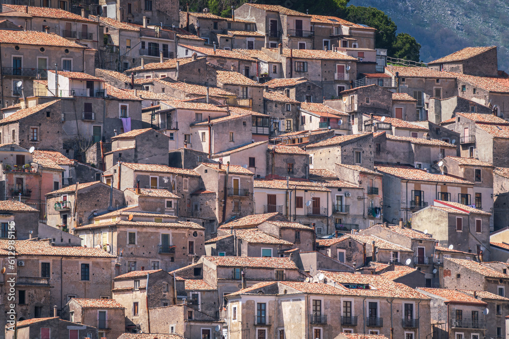 Crowded residential houses on the hill in an Italian traditional village, Morano Calabro