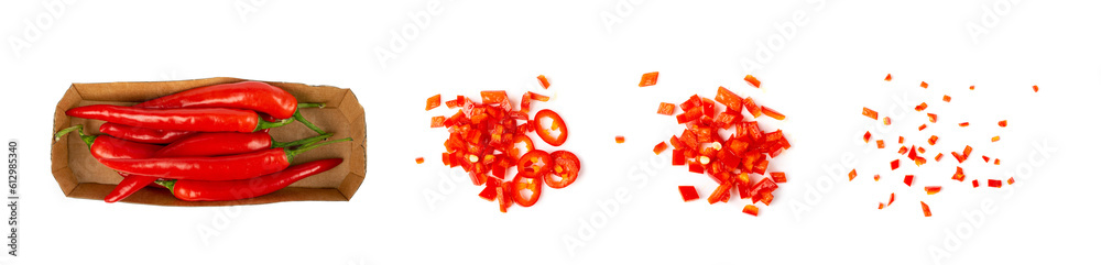 Chopped Chili Peppers Cut Isolated, Fresh Spicy Chilli Pepper Pieces, Red Hot Chili Peppers Parts