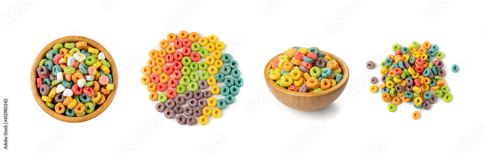 Colorful Breakfast Rings Pile in Bowl Isolated. Fruit Loops, Fruity Cereal Rings, Colorful Corn Cereals Colorful Breakfast Rings Pile in Bowl Isolated. Fruit Loops, Fruity Cereal Rings, Colorful Corn Cereals