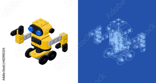 Set of yellow robot with a project assembled from plastic blocks in isometric style for print and design. Vector illustration.