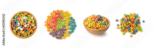 Colorful Breakfast Rings Pile in Bowl Isolated. Fruit Loops, Fruity Cereal Rings, Colorful Corn Cereals photo